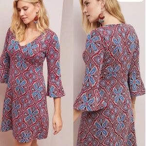 Anthropologie Maeve Barrie Sweater Dress Blue Red‎ Knit Size XS V-Neck A-line